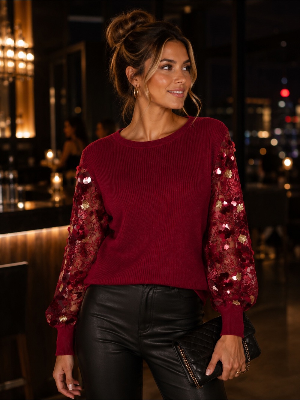 NWT Sioni Milano Burgundy Sequin Lace Sleeve Sweater Medium Holiday Party